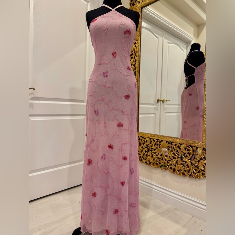 Elegant pink Floral hand, embroidered, and hand beaded‎ Halter Evening Dress